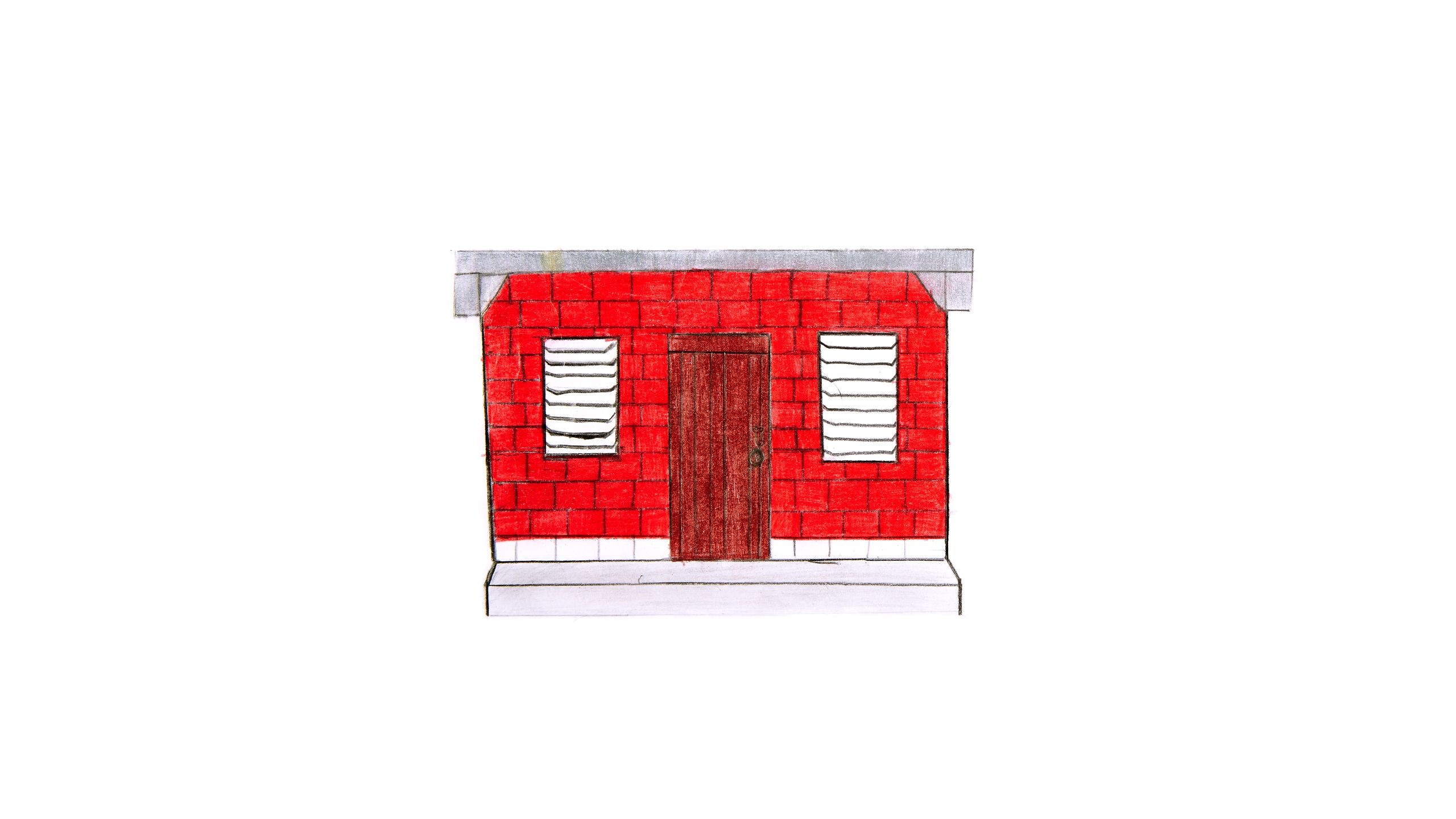 Colored pencil drawing of a red-painted concrete brick house.