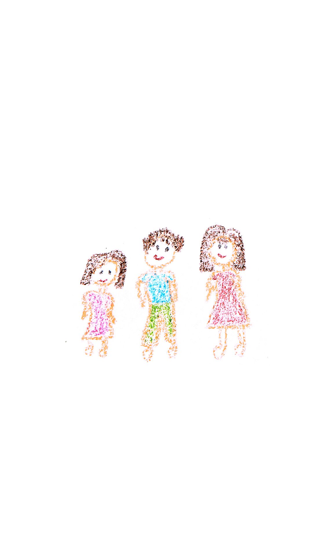 Crayon drawing of two people and a child, all smiling.
