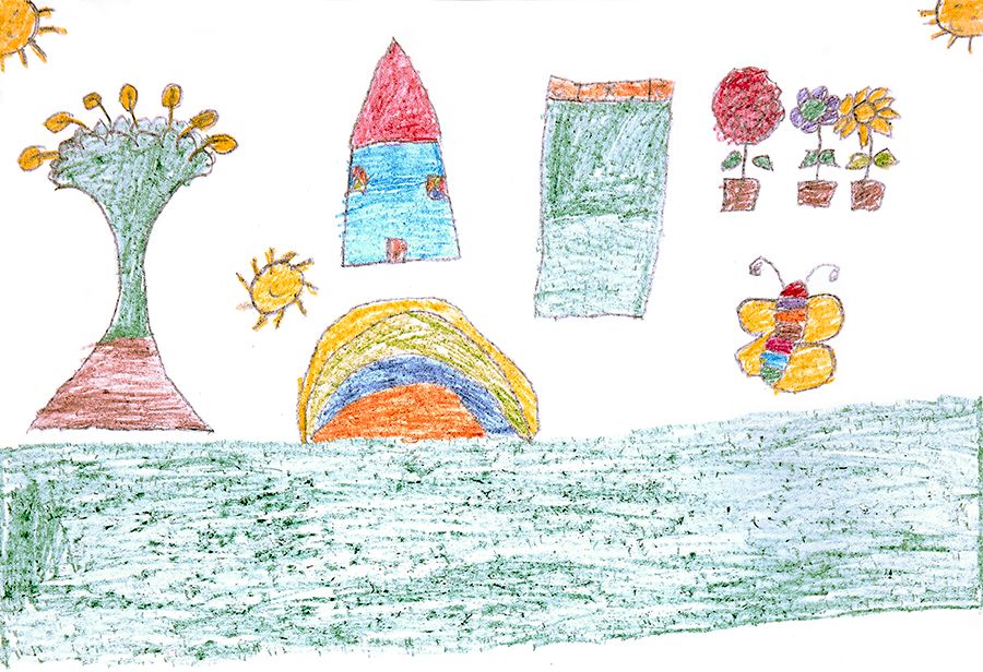 Crayon and pencil drawing of a landscape with a tree, three happy gold suns, a house, sports field, flowers and butterfly, and a small rainbow.