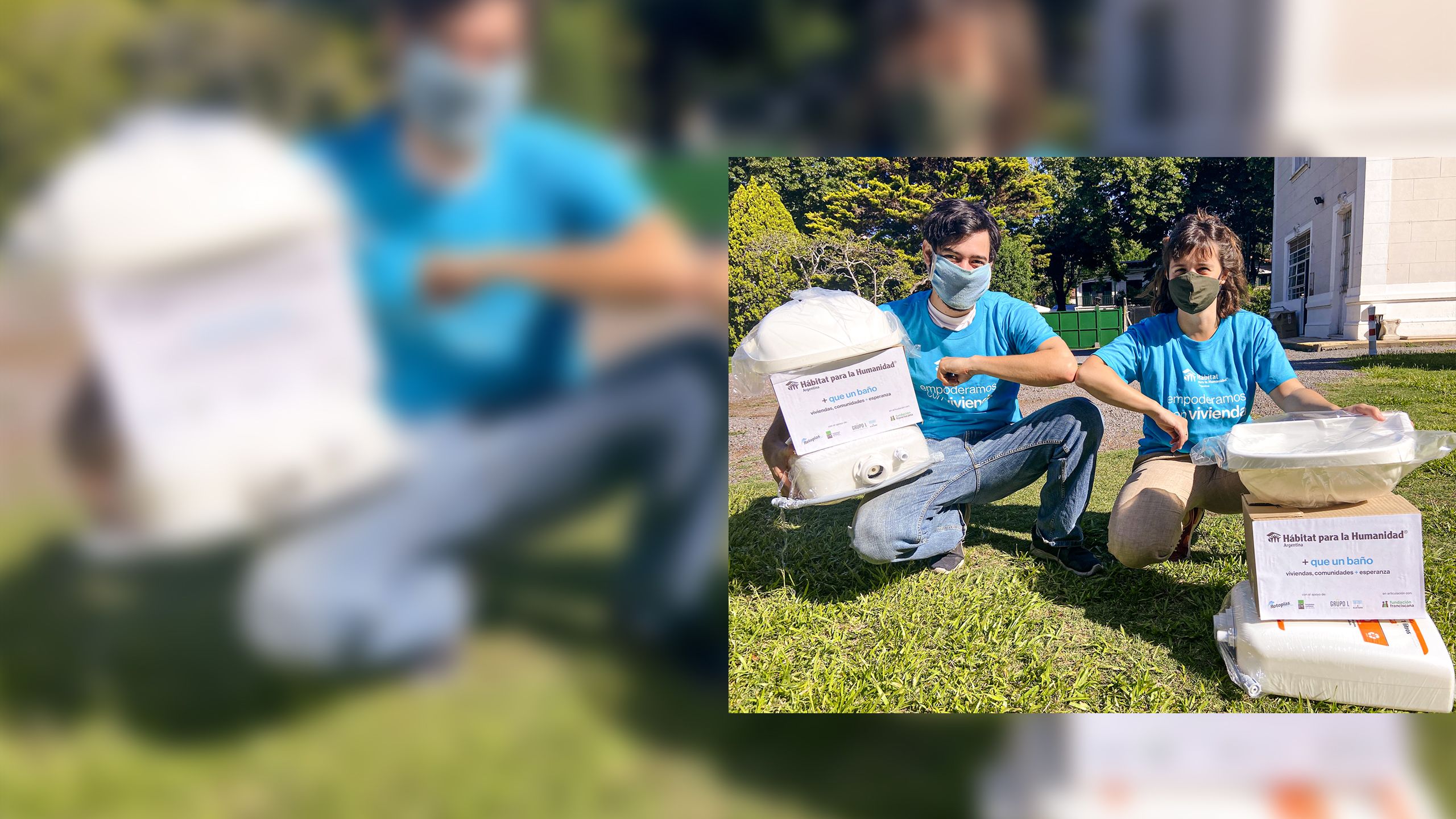 hombre y mujer en Argentina preparándose para entregar kits de mejoras a las familias.