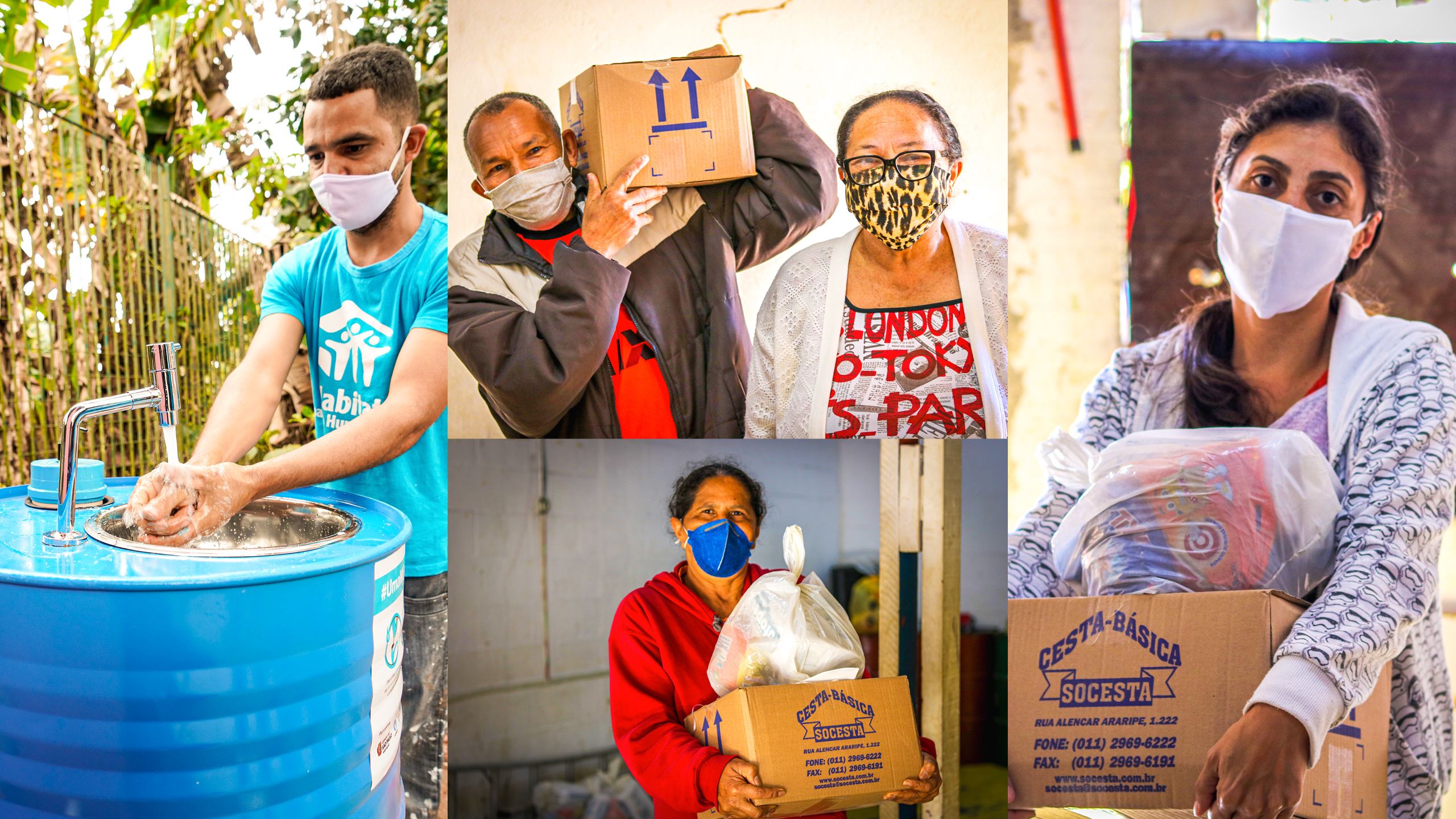hombre lavándose las manos en uno de los lavatorios públicos que Hábitat instaló en Villa Nova Esperanza y mujeres con un kits de higiene