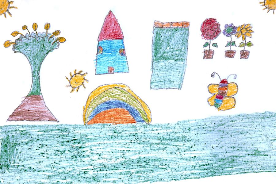Drawing of house, tree, rainbow, flowers, and butterfly.