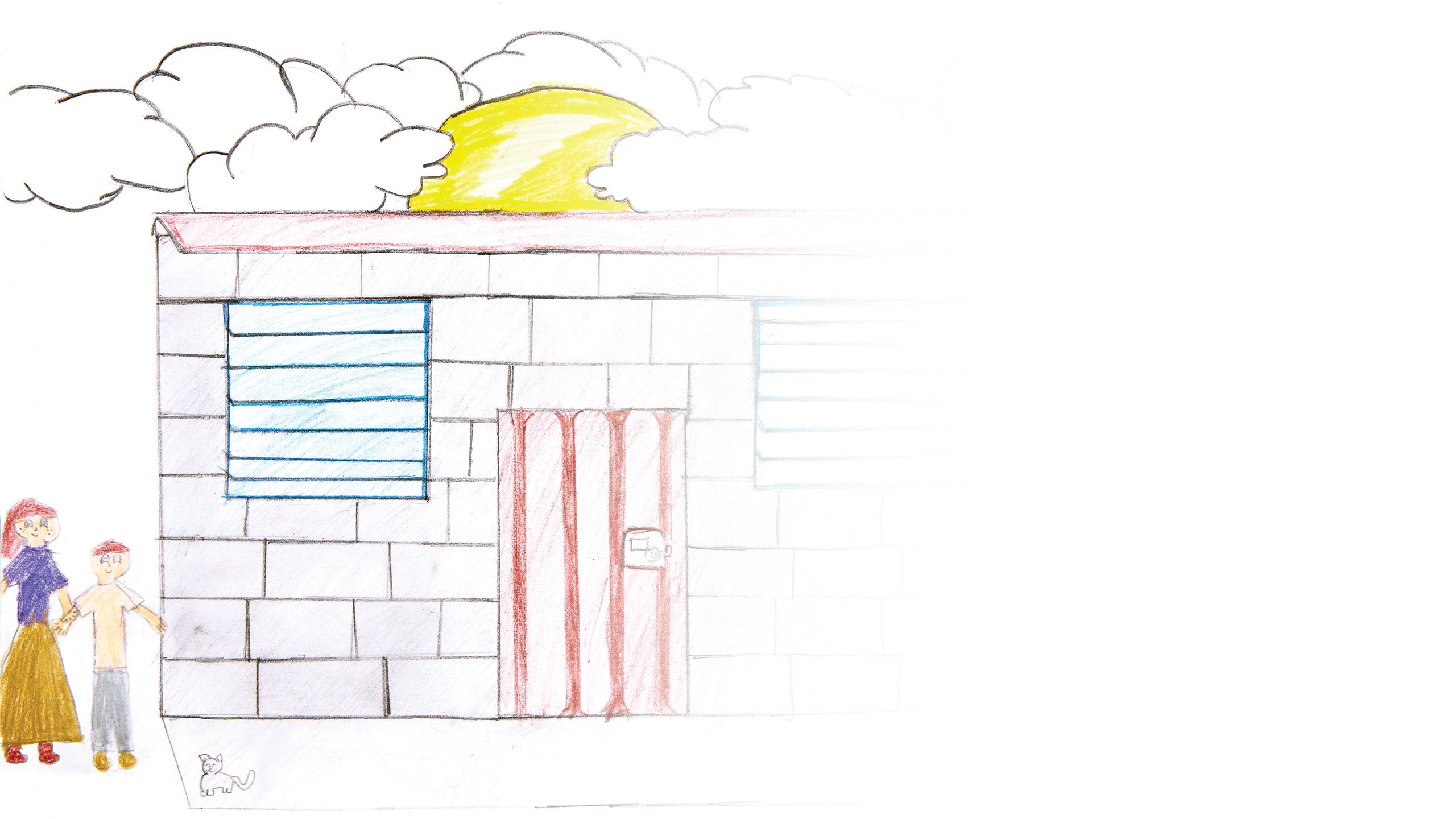 Drawing of mother and son in front of their house.