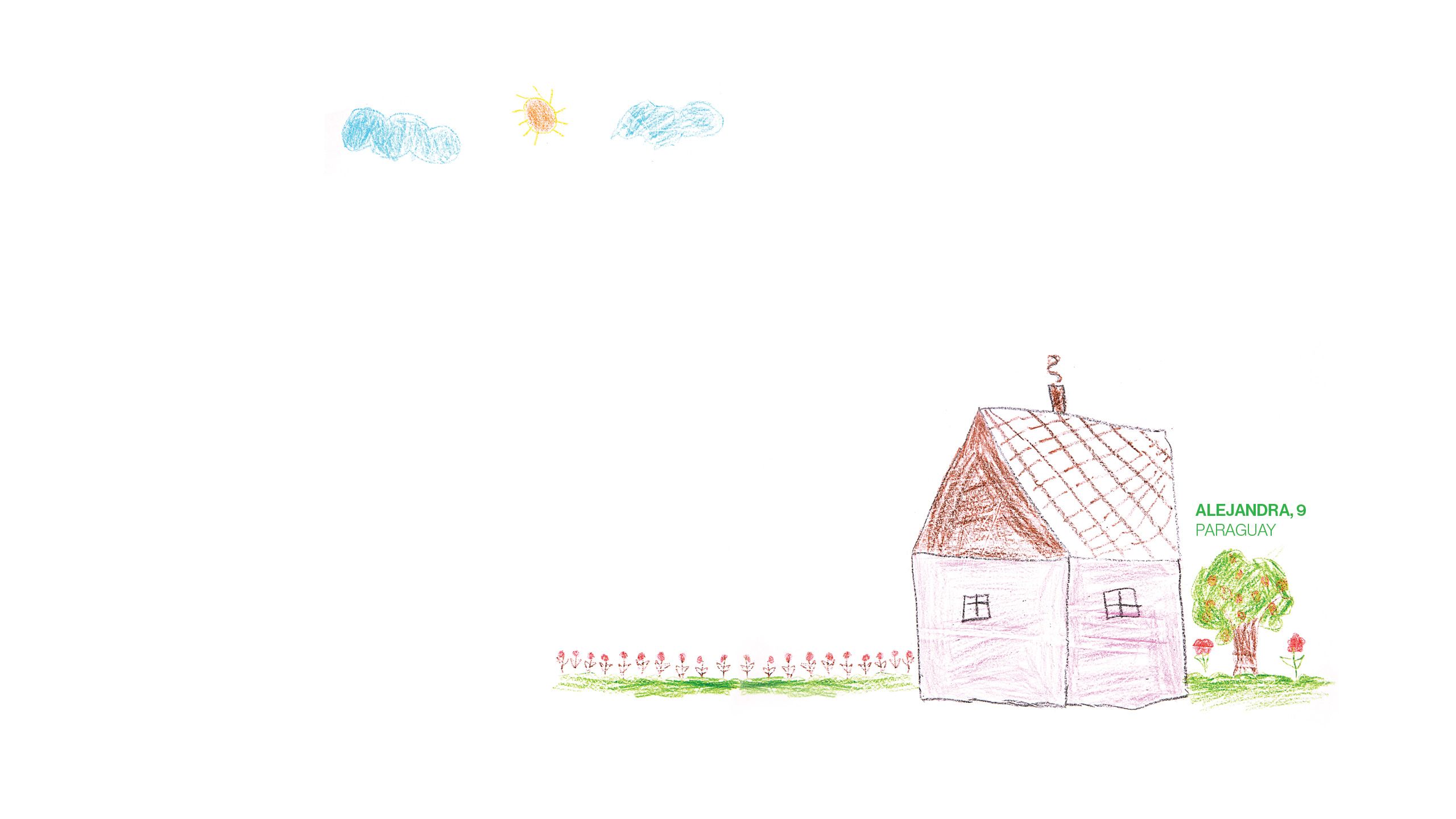 Drawing of a house with a tree and flowers around.
