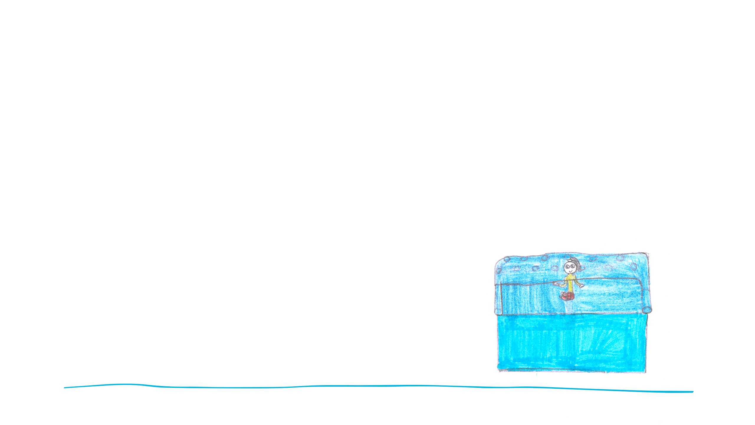 Drawing of a girl sitting in a blue armchair.