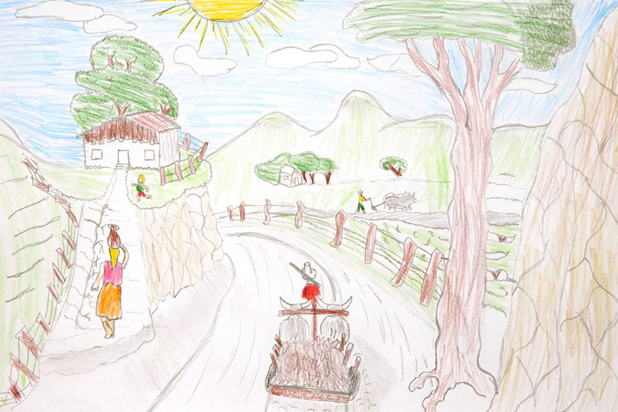 Paisaje rural nicaragüense dibujado por un adolescente.