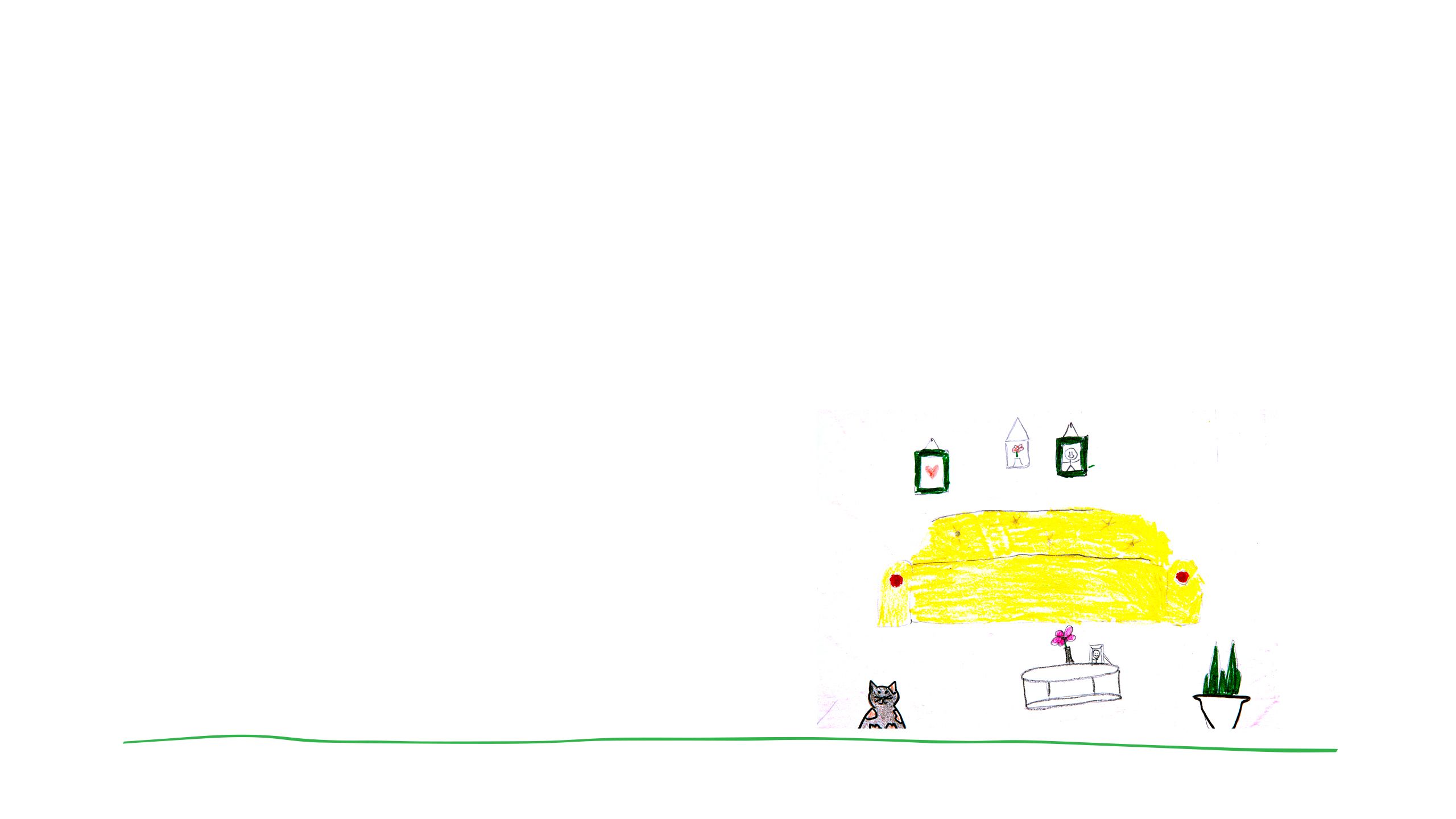 Dibujo de un sofá y una pared con cuadros colgando.