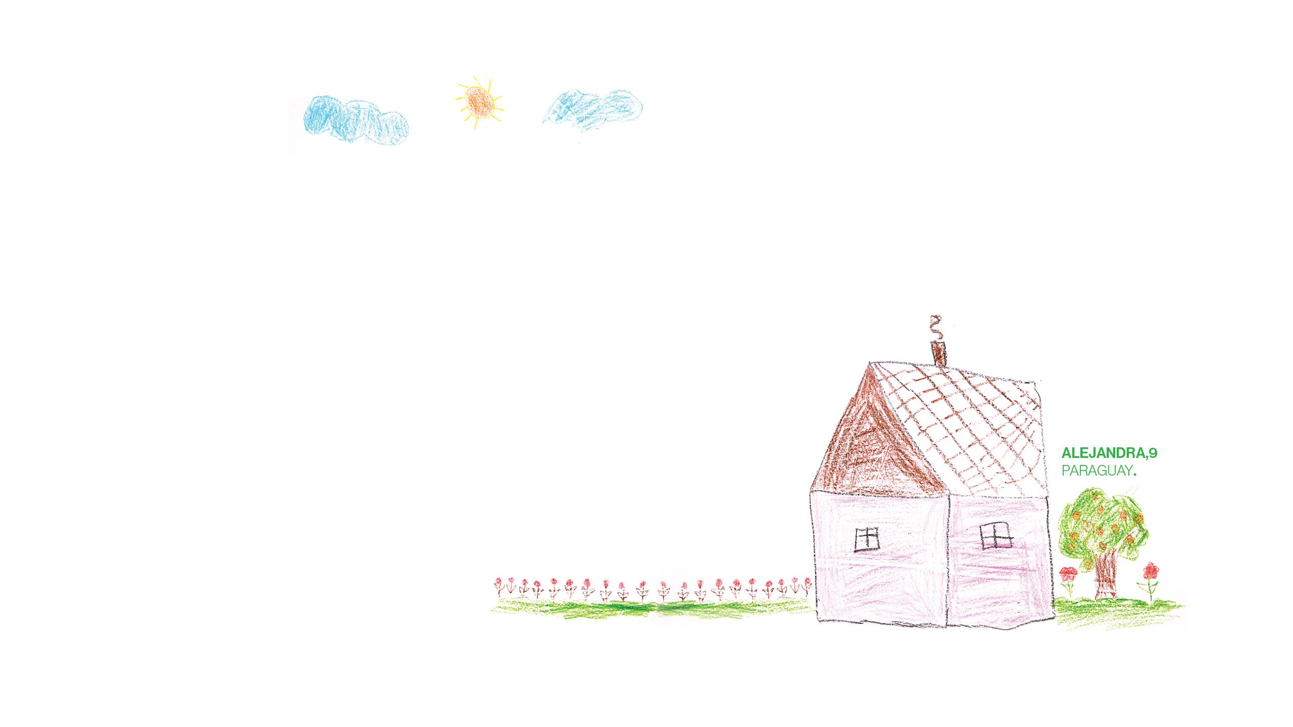 Dibujo de una casa con árbol y flores alrededor.