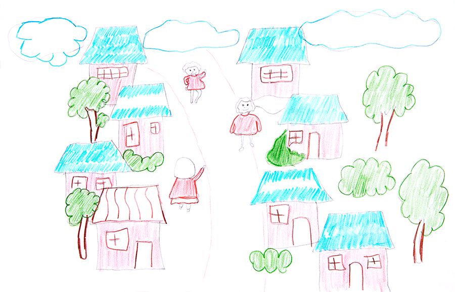 A crayon and pencil drawing in red, green and blue of a neighborhood of homes, with three neighbors walking down the street waving to each other.