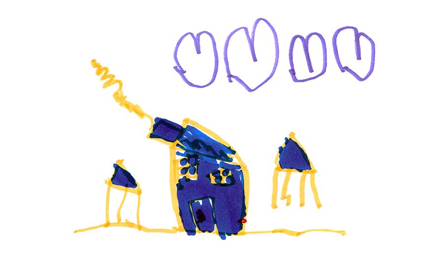 Marker drawing of a deep blue house with heart-shaped clouds floating in the sky above.