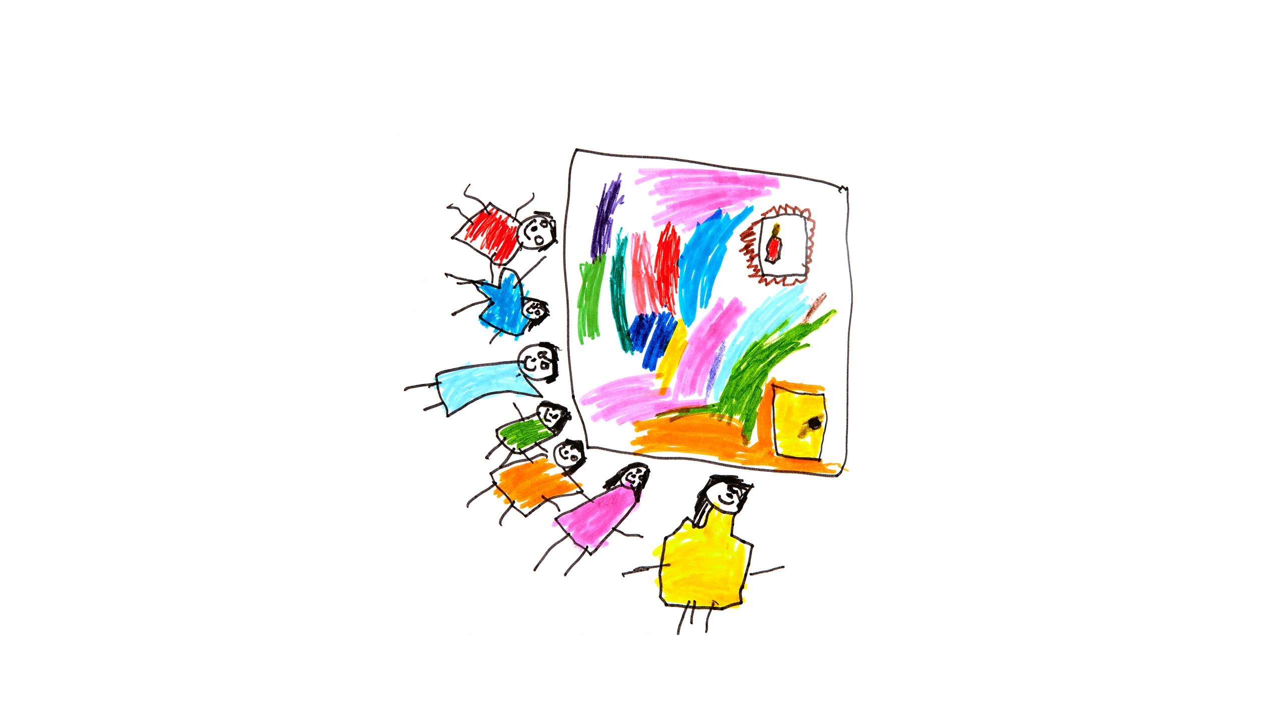 Marker drawing of a group of people wearing a rainbow of colors, in front of an equally colorful wall.