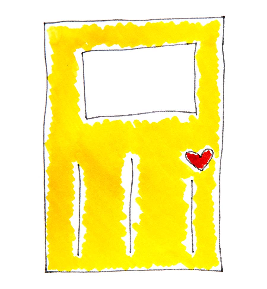 A marker drawing of a bright yellow door with a red heart in place of a doorknob, signed "Kelton" in green.