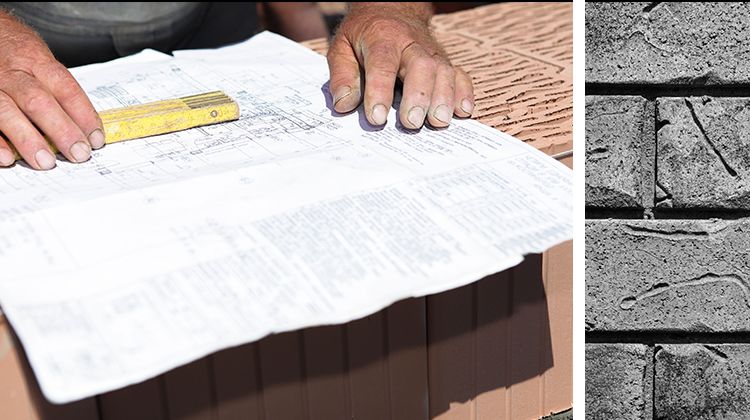 Left: Closeup on a person's hands tracing a set of blueprints as they read them on top of some red bricks. Right: closeup of brick wall texture.