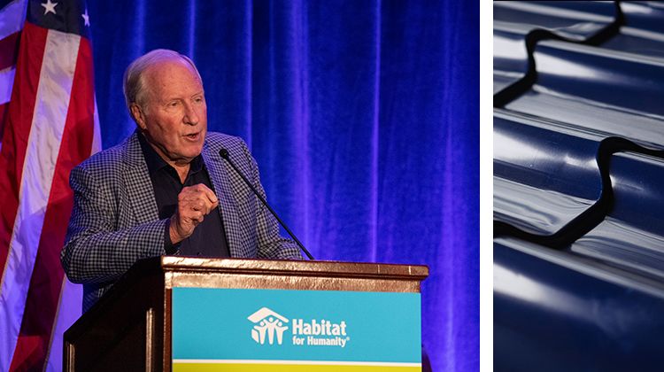 Left: Ron Terwilliger speaks at a Habitat event. Right: Closeup of ridged metal roofing tile.