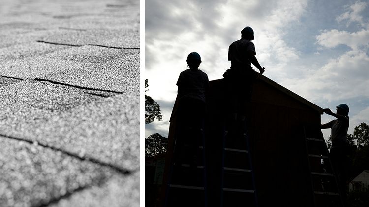 Left: Closeup of roofing material. Right: Three volunteers in silhouette against a cloudy sky work on a roof.