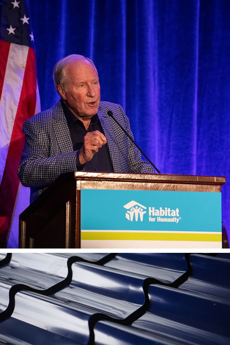 Top: Ron Terwilliger speaks at a Habitat event. Bottom: Closeup of ridged metal roofing tile.