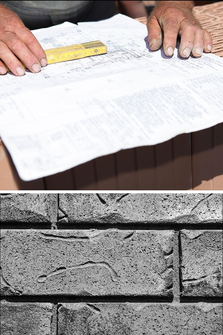 Top: Closeup on a person's hands tracing a set of blueprints as they read them on top of some red bricks. Bottom: closeup of brick wall texture.