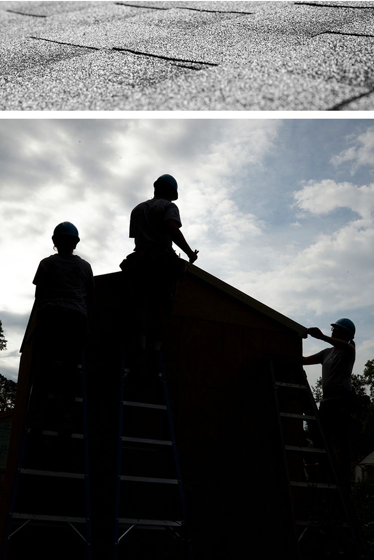 Top: Closeup of roofing material. Bottom: Three volunteers in silhouette against a cloudy sky work on a roof.