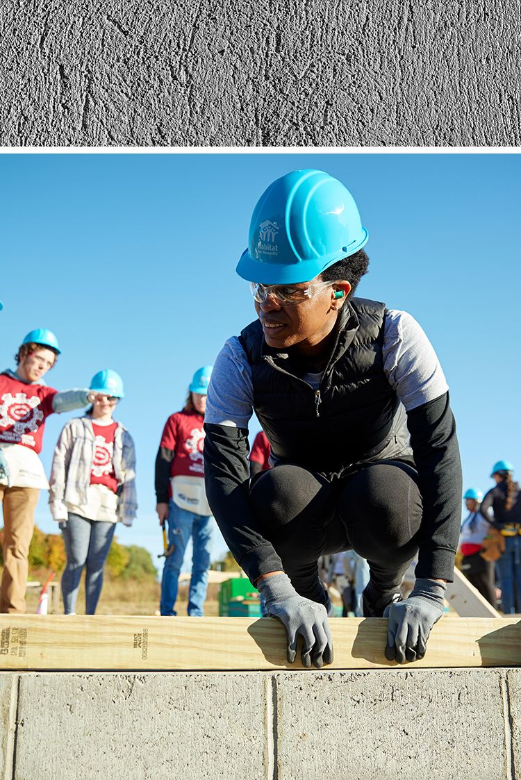 Top: strip of concrete texture. Bottom: a volunteer kneels to steady a bottom plate for a wall on a build site.