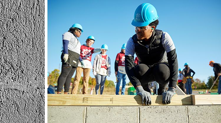 Left: strip of concrete texture. Right: a volunteer kneels to steady a bottom plate for a wall on a build site.