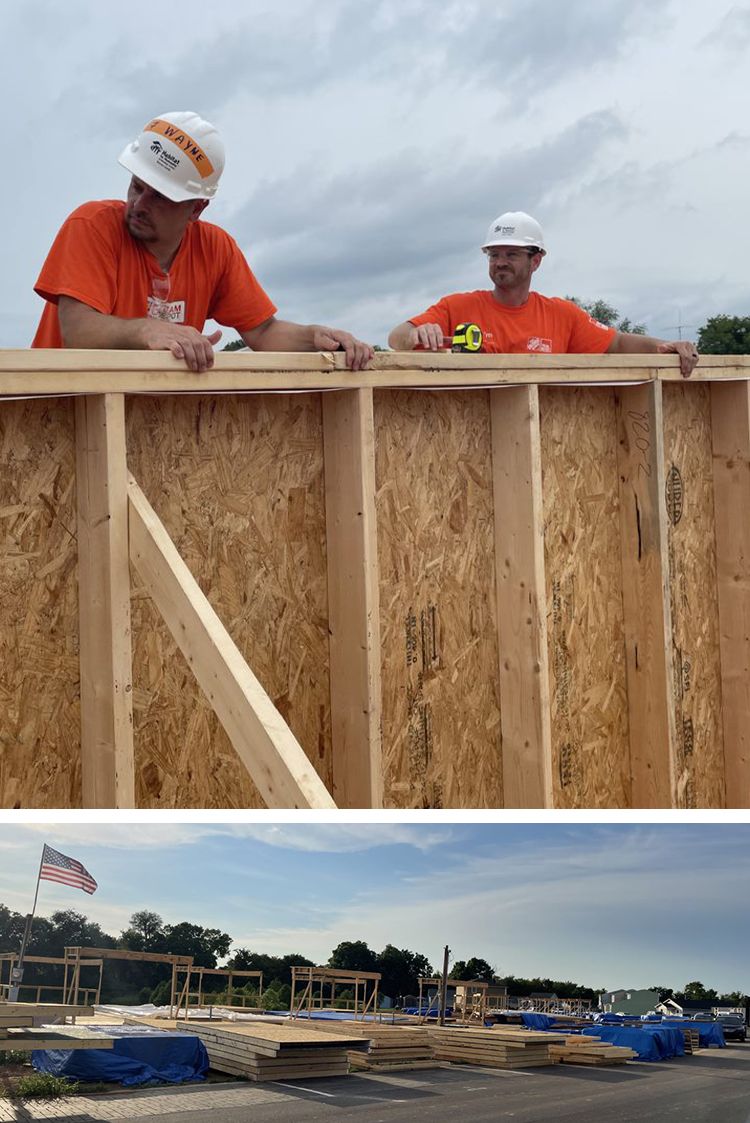 Top: Two volunteers in bright orange Team Depot shirts peer over a partially finished wall on a build site. Bottom: stacks of supplies line the street, with a flag waving in the background, on the morning of a build.