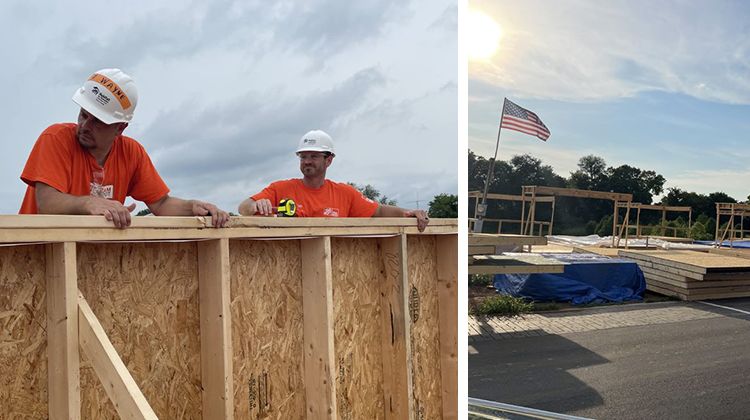 Left: Two volunteers in bright orange Team Depot shirts peer over a partially finished wall on a build site. Right: stacks of supplies line the street, with a flag waving in the background, on the morning of a build.