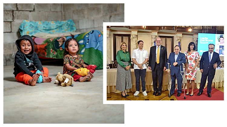 Left: Two children in Guatemala sit with their toys on a clean new concrete floor. Right: A group of Habitat for Humanity leaders at the LAC Housing Forum in 2023.