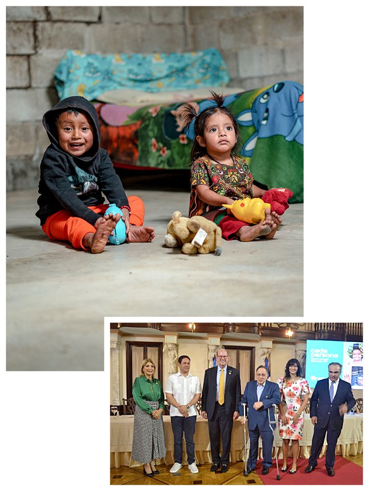 Top: Two children in Guatemala sit with their toys on a clean new concrete floor. Bottom: A group of Habitat for Humanity leaders at the LAC Housing Forum in 2023.