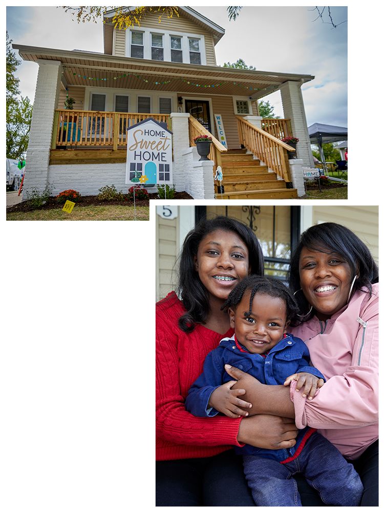 Bottom: Jessica and her two children sit on the steps of their new home. Top: a wide shot of their house with a house-shaped sign in front reading "Home sweet home.""