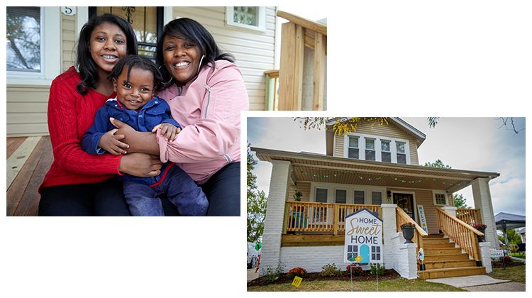Left: Jessica and her two children sit on the steps of their new home. Right: a wide shot of their house with a house-shaped sign in front reading "Home sweet home."
