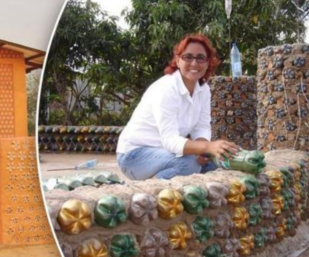 A woman with recycled bricks.
