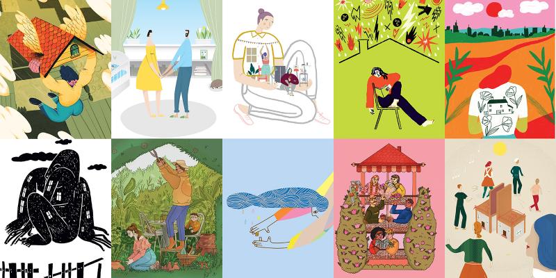 Image collage of digital posters depicting housing-related art.