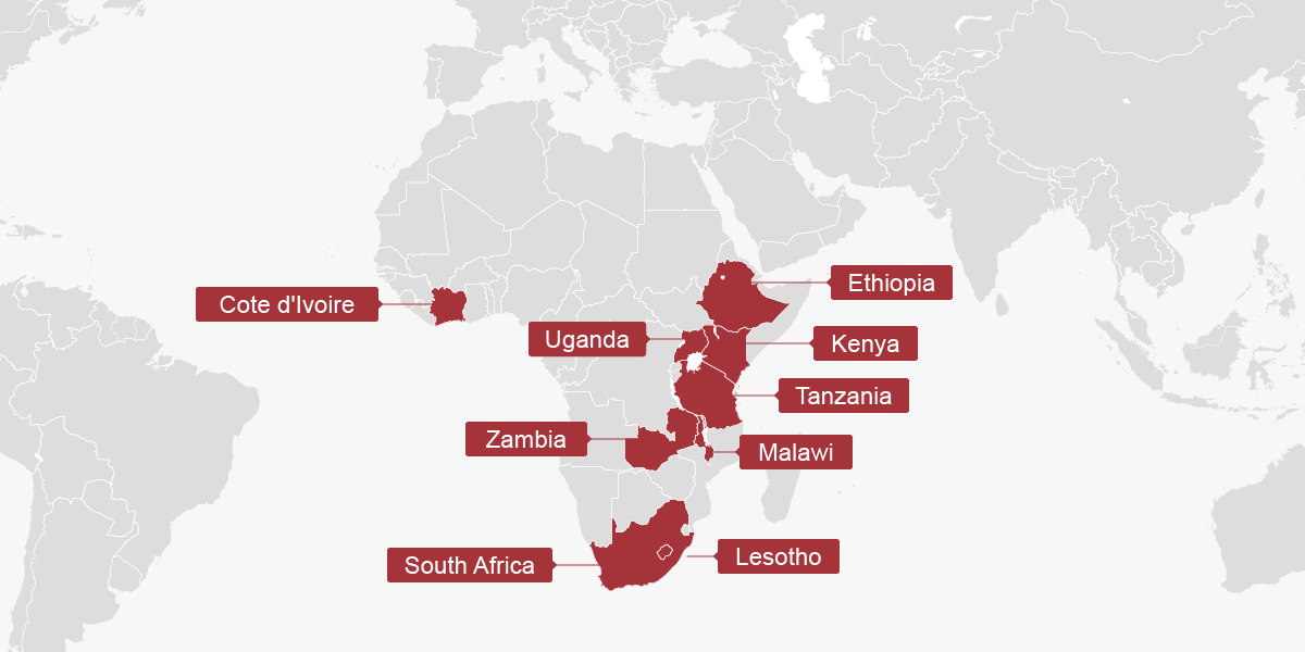 Map labeling the countries in Africa where Habitat works