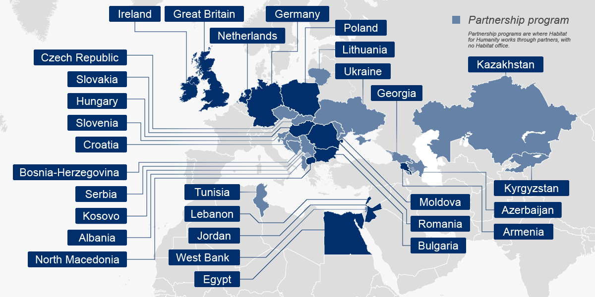 Map labeling the areas Habitat works in Europe and the Middle East