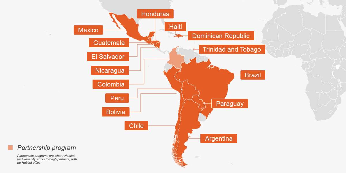 Map labeling the Latin American and Caribbean countries in which Habitat works.