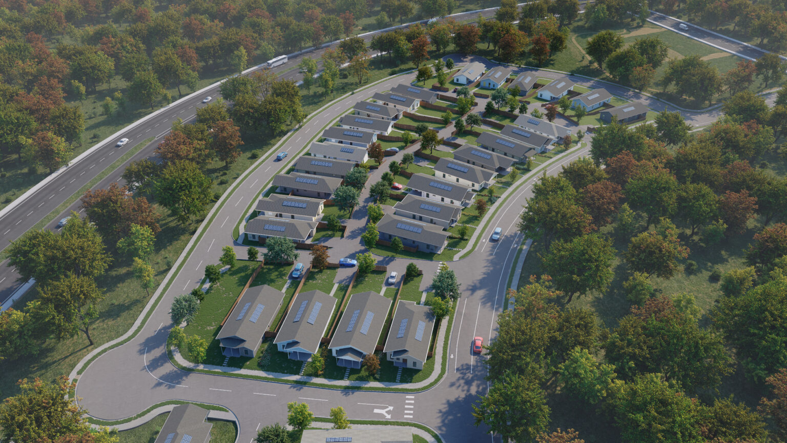 An aerial photo of the Whisper Valley development showing the rooftops with solar panels.