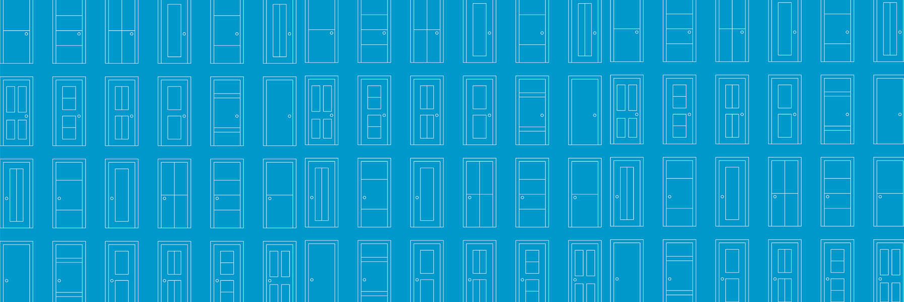 Blue image with rows of blue doors superimposed on it.