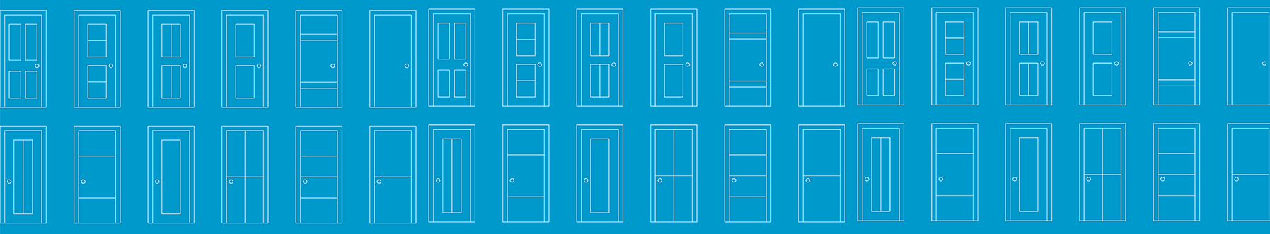 A blue illustrated image with two rows of doors.