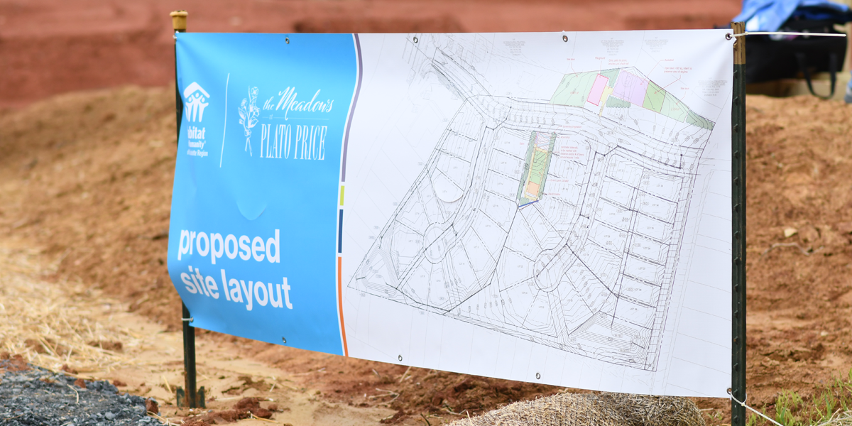 A banner shows the proposed site plan for the Meadows at Plato Price