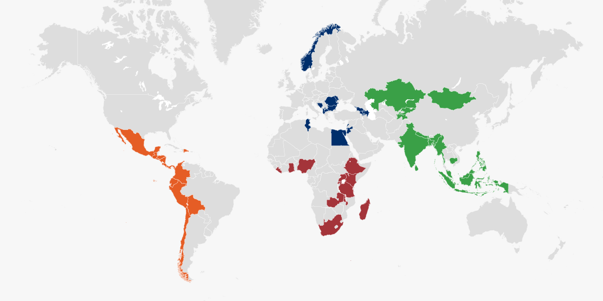 Map of where TCIS works with these countries highlighted: Albania Armenia Azerbaijan Bangladesh Bolivia Bosnia Bulgaria Cambodia Colombia Costa Rica Chile Dominican Republic East Timor Ecuador El-Salvador Ethiopia Egypt Georgia Ghana Guatemala Honduras India Indonesia Jordan Kazakhstan Kenya Kosovo Kyrgyzstan Lebanon Liberia Macedonia Madagascar Malaysia Malawi Mexico Moldova Mongolia Myanmar Nepal Nicaragua Nigeria Norway Panama Peru Philippines Romania Rwanda Singapore South Africa Sri Lanka Tajikistan Ta