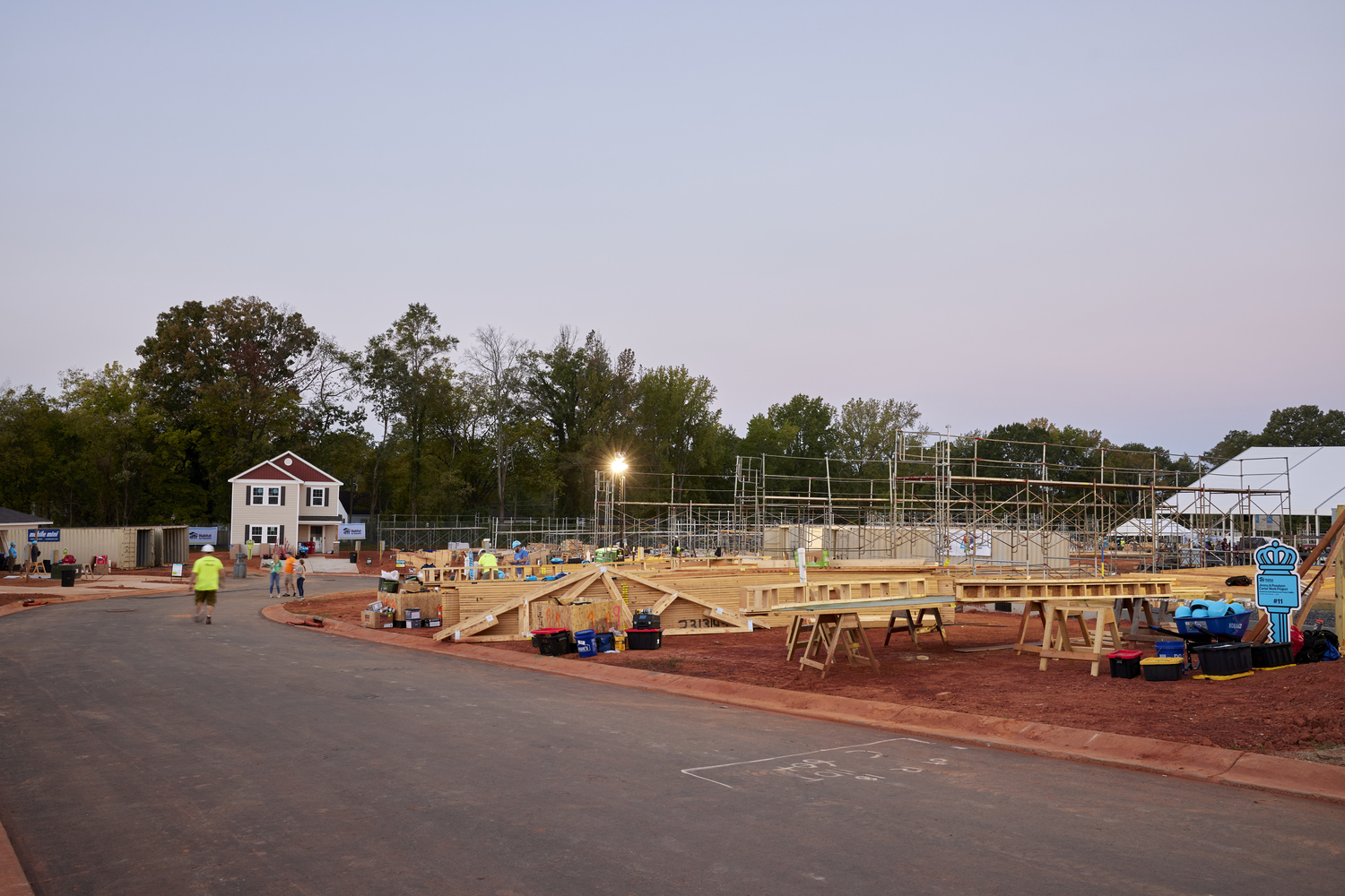 The construction site is ready for volunteers on the first morning of the 2023 Carter Work Project