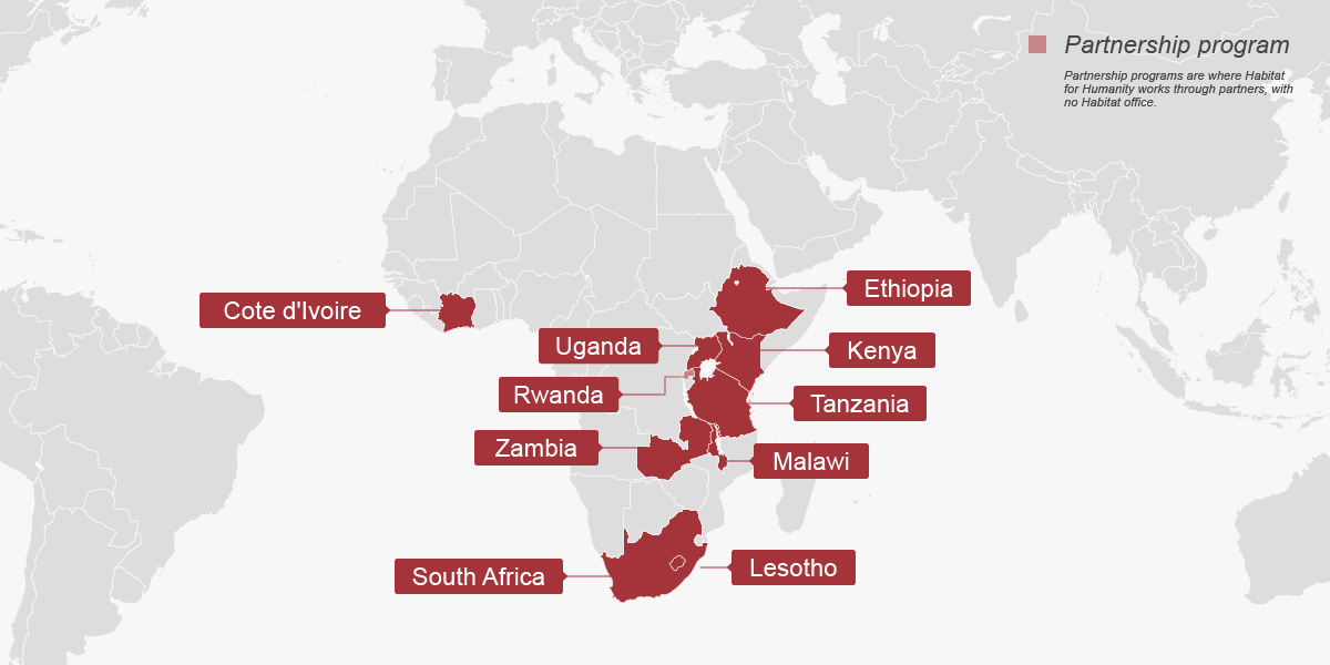 Map labeling the countries in Africa where Habitat works