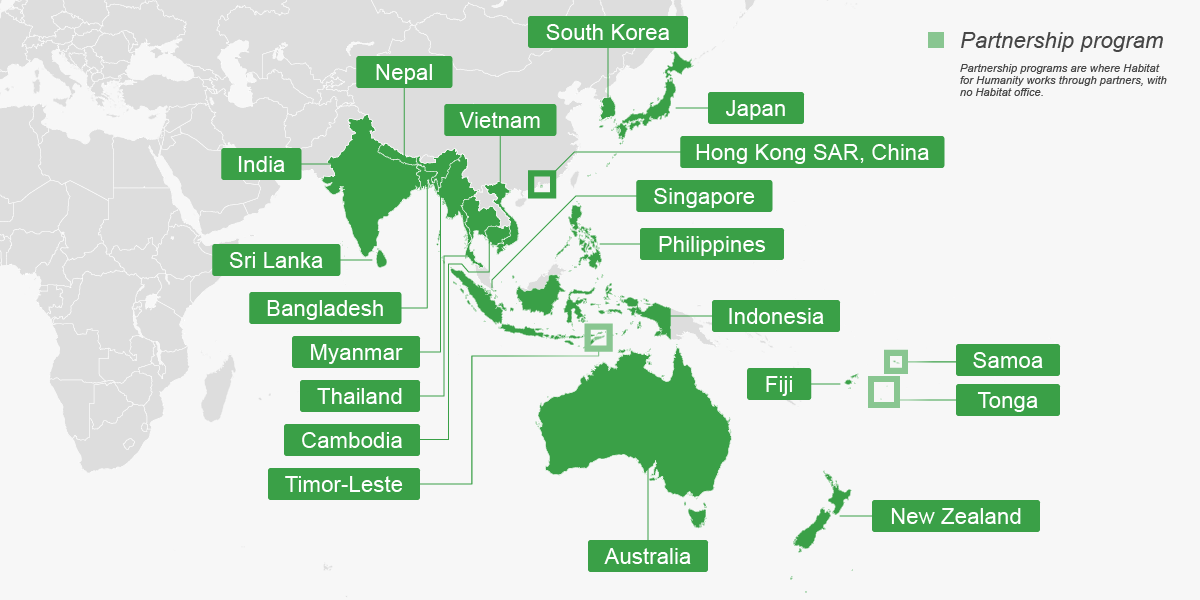 Map labeling the areas where Habitat works in Asia and the Pacific