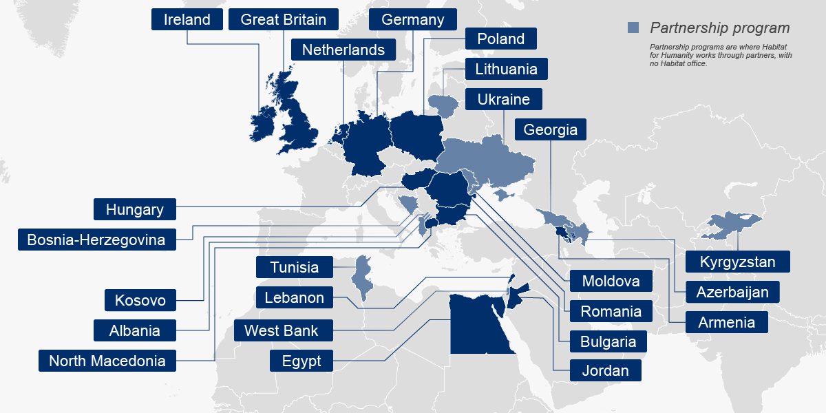 Map labeling the areas Habitat works in Europe and the Middle East