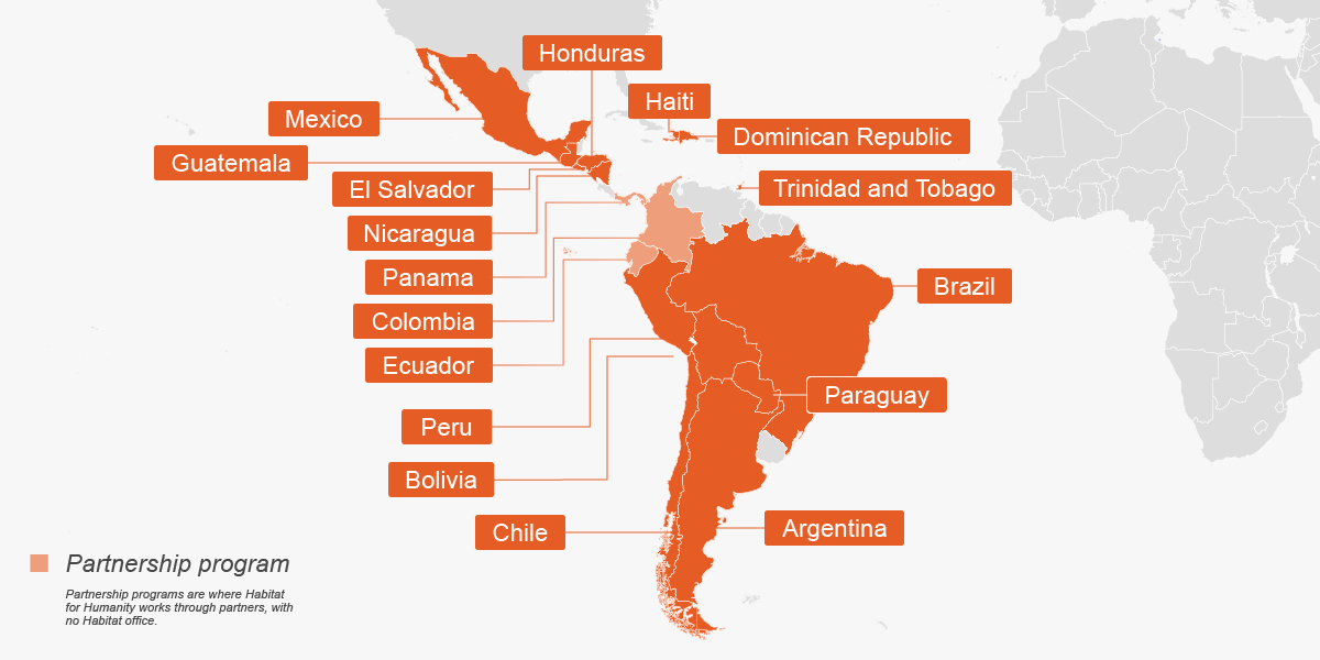 Map labeling the Latin American and Caribbean countries in which Habitat works.