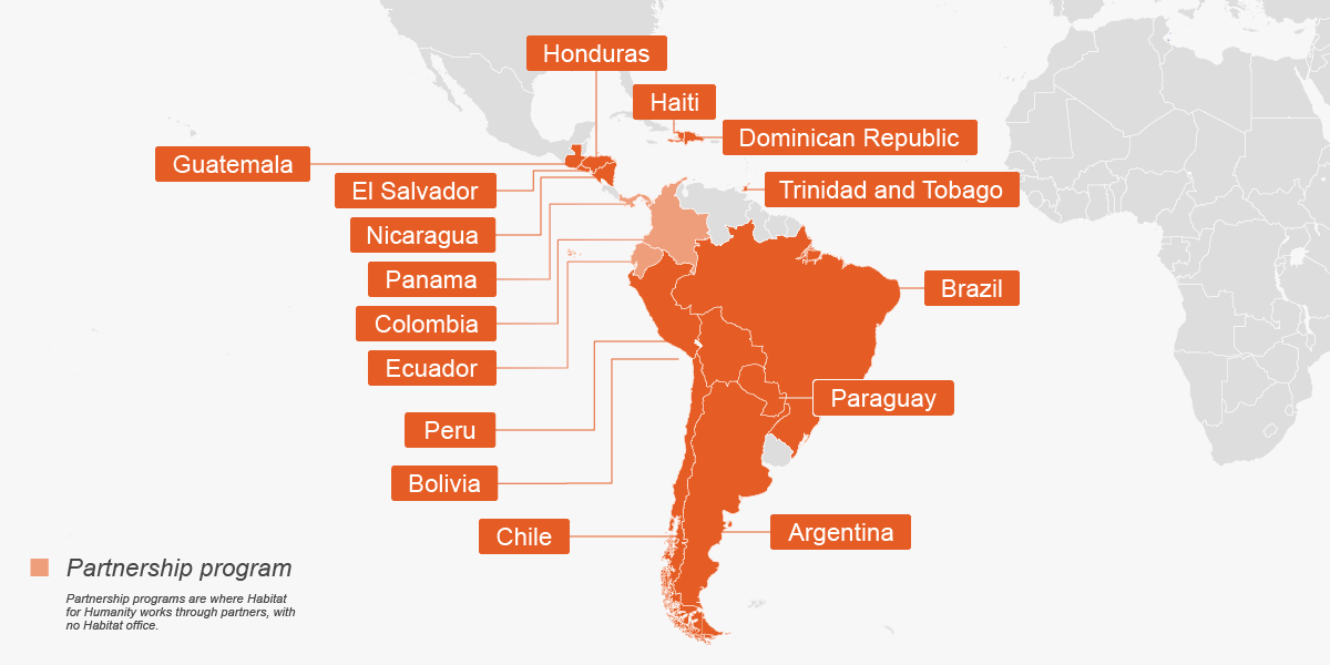 map labeling the countries in Latin America and the Caribbean where Habitat works