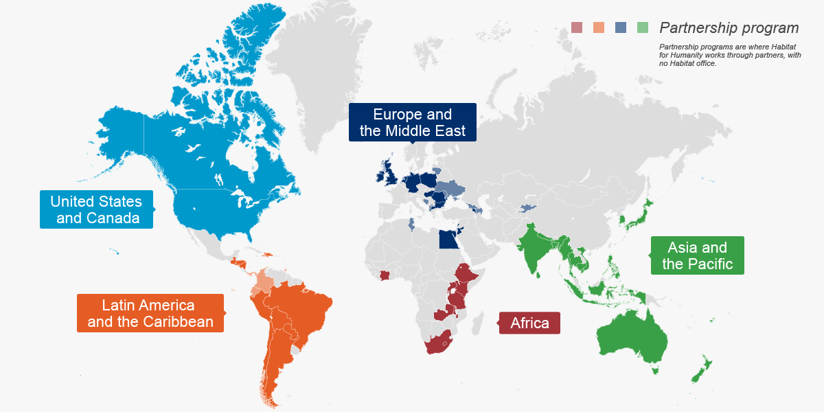 Map showing the areas Habitat works in around the world