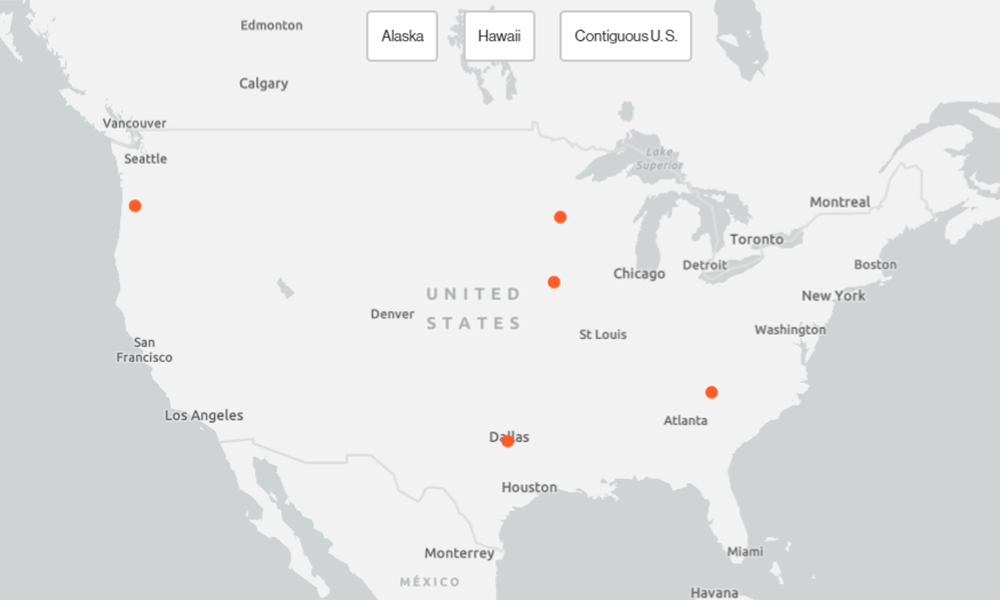 map of the U.S. with orange dots