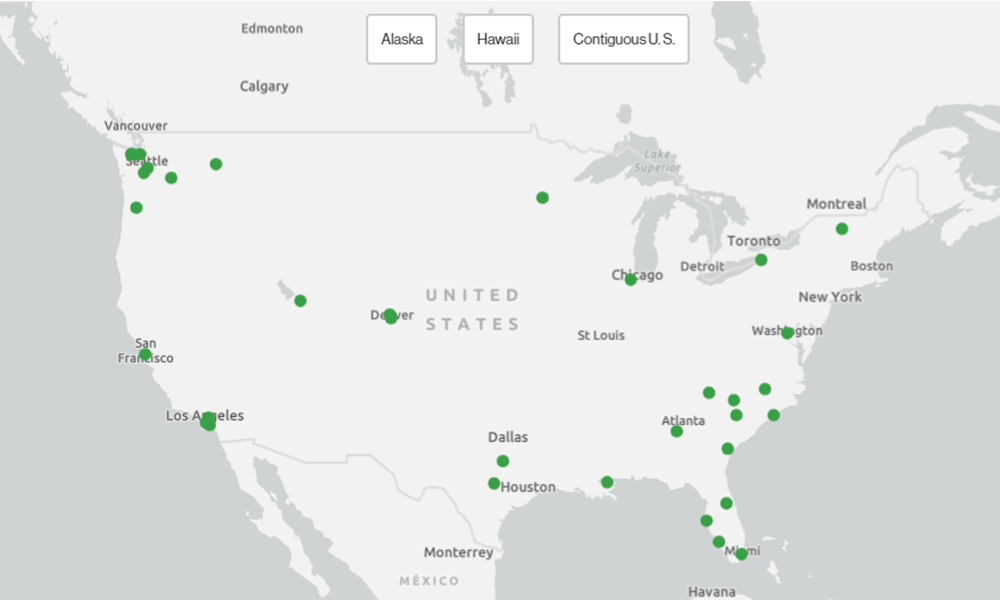 map of the U.S. with green dots