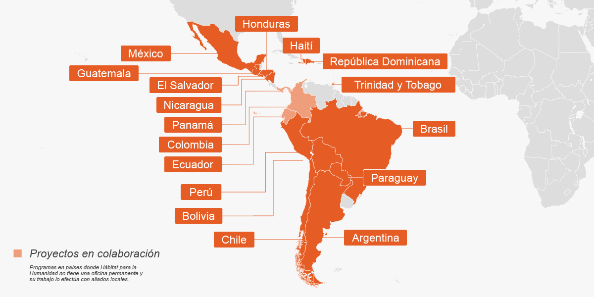 Map showing where Habitat works in Latin America and the Carribean - Spanish version